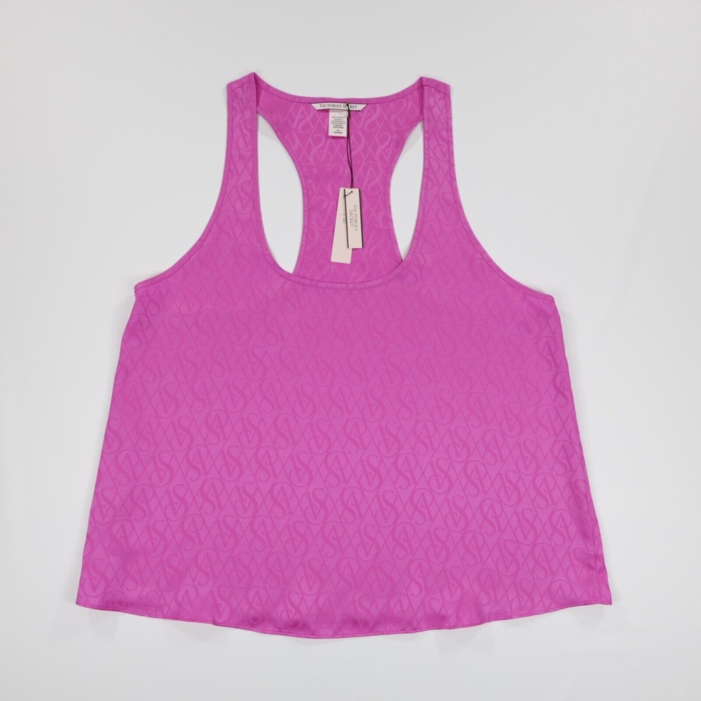 Victoria's Secret Women's Satin Racerback Allover Logo Sleepwear Tank Top Pink M